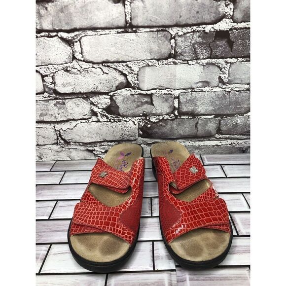 Helle Comfort Red Leather Croc Print Strap Wedge Sandals Women’s Sz 38EU/7.5M US - Picture 4 of 16